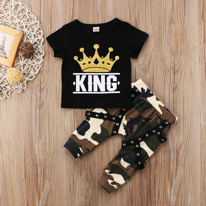 Trendy Summer Clothes for Newborn Toddler Baby Boys: Letter Print Top and Camo Long Pants Set