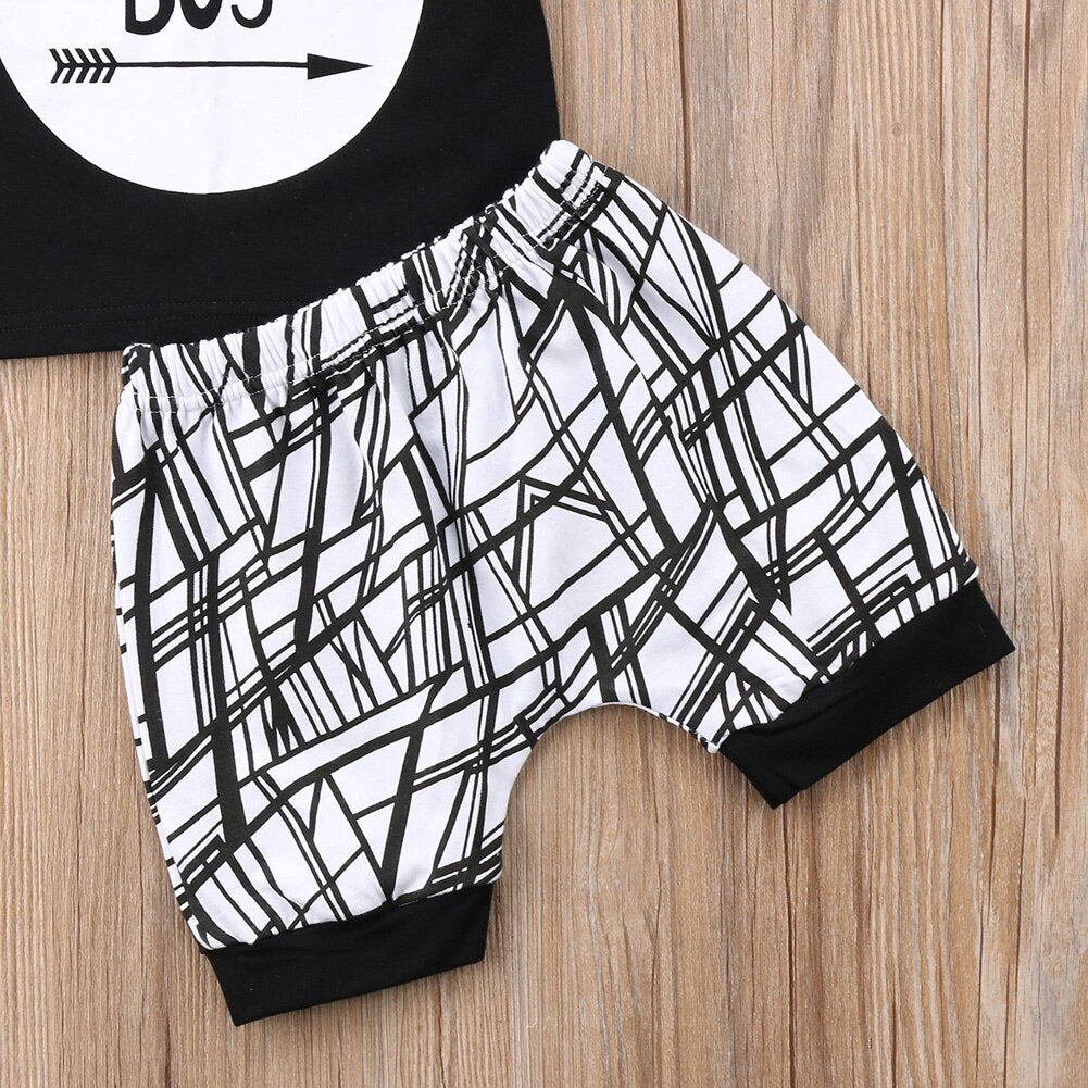 Trendy Newborn Baby Boys Clothes Set with Black Letter Print T-shirt and White Striped Pants Leggings