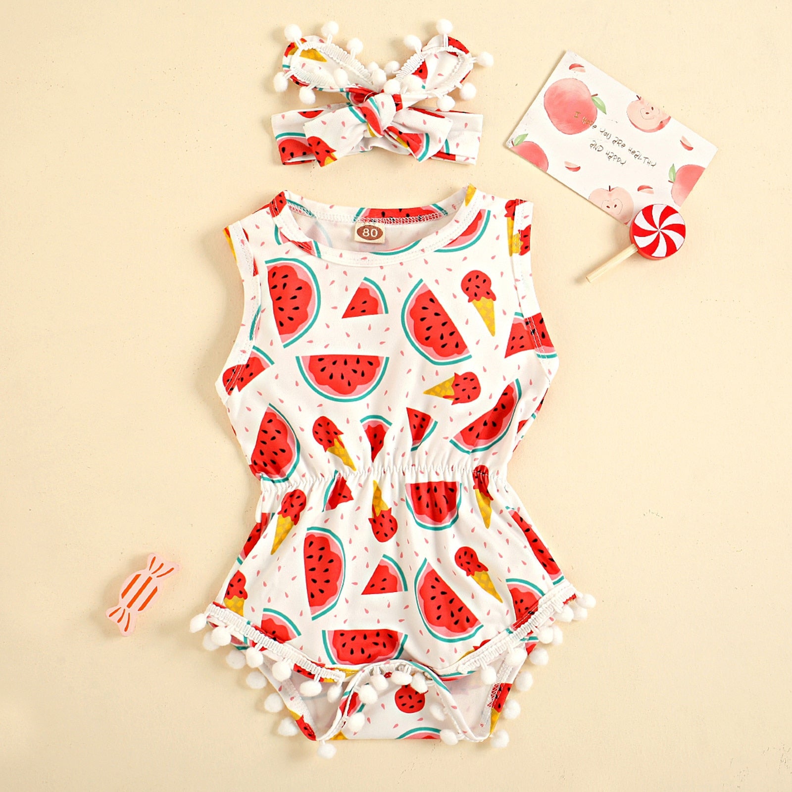 Watermelon Printed Newborn Baby Girl Bodysuit and Headband Set