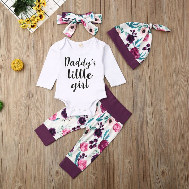 4-Piece Set of Newborn Baby Girl Cotton Clothes with Letter Print and Accessories