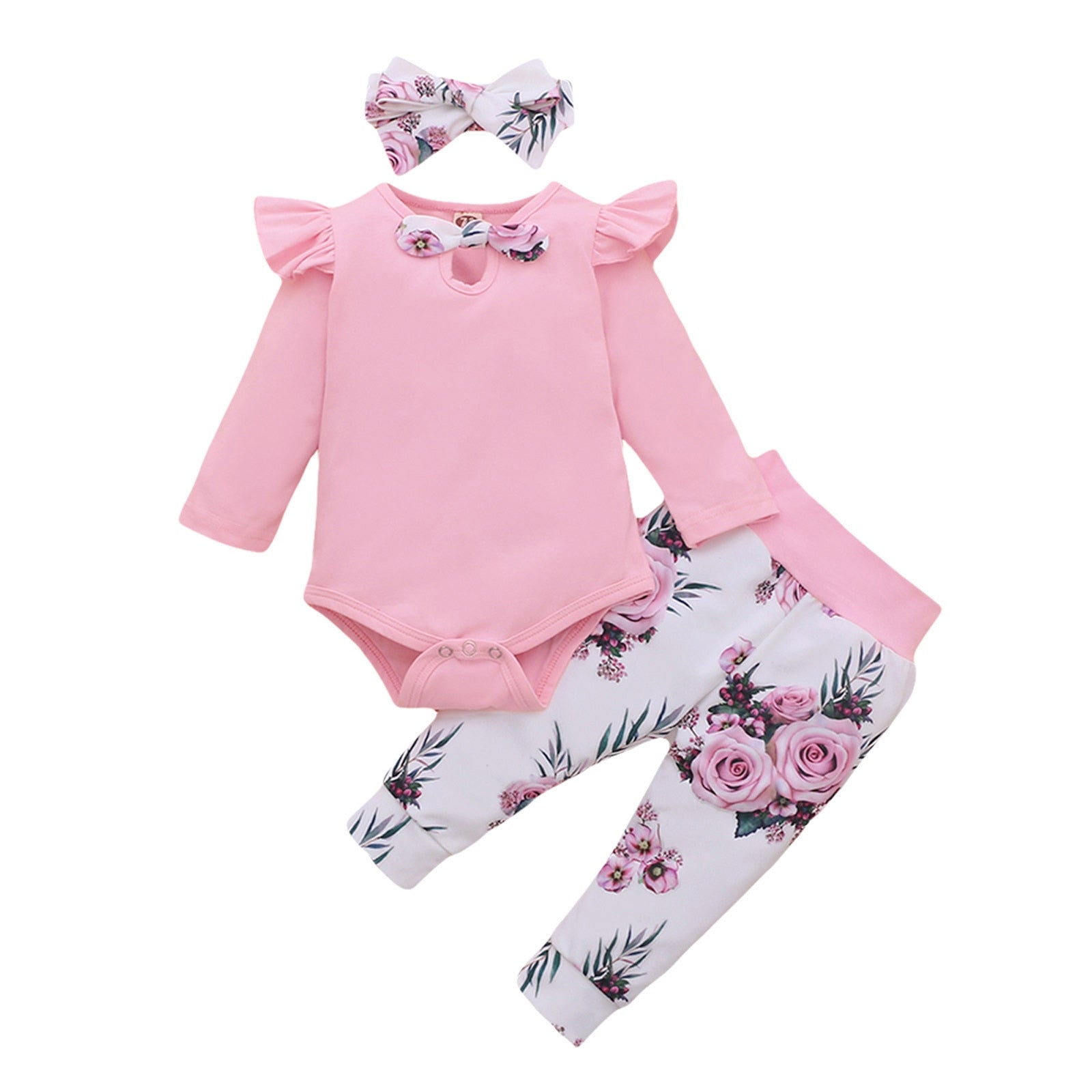 Cute and Cozy 3pcs Newborn Baby Girls Clothes Set - Cotton Floral Bow Tie Bodysuits + Pants + Hairband