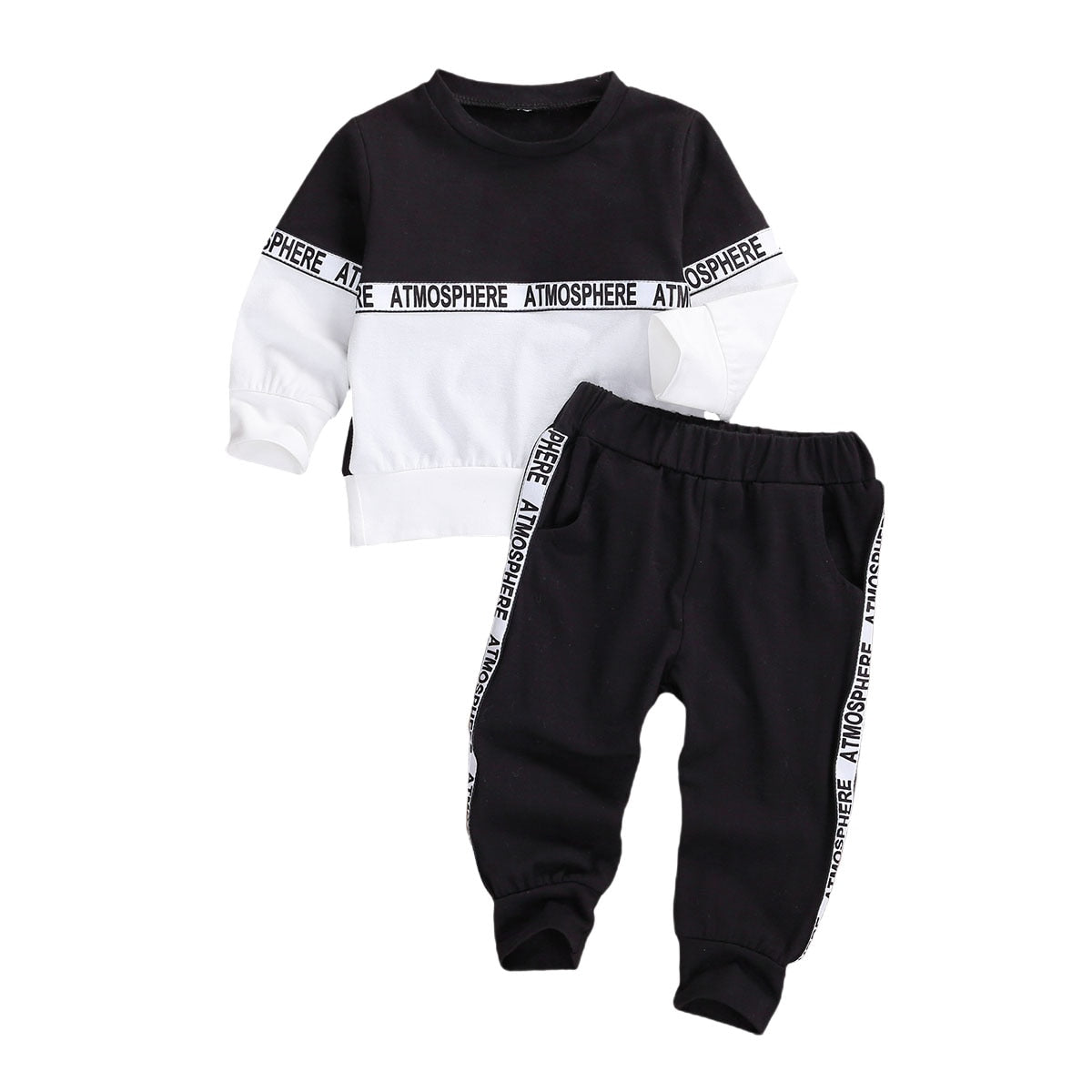 Toddler Kids Baby Boys Clothes Set Long-sleeved Letter Personality Round Neck Hoodies and Solid Color Elastic Long Pants - Babbez