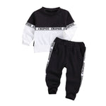 Toddler Kids Baby Boys Clothes Set Long-sleeved Letter Personality Round Neck Hoodies and Solid Color Elastic Long Pants - Babbez
