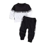 Toddler Kids Baby Boys Clothes Set Long-sleeved Letter Personality Round Neck Hoodies and Solid Color Elastic Long Pants - Babbez