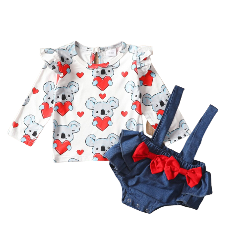 Cute Newborn Girls 3Pcs Clothing Set with Flying Sleeve Top, Koala Printed Overalls and Headband for Valentine's Day and Toddler Outfits