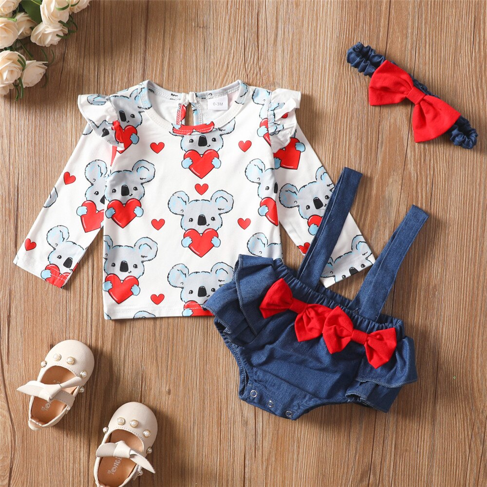 Cute Newborn Girls 3Pcs Clothing Set with Flying Sleeve Top, Koala Printed Overalls and Headband for Valentine's Day and Toddler Outfits