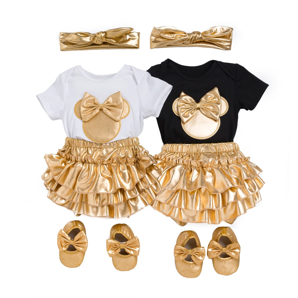 Charming Newborn Baby Girl Sets - White Cotton Rompers with Golden Ruffles and Tutu Skirts