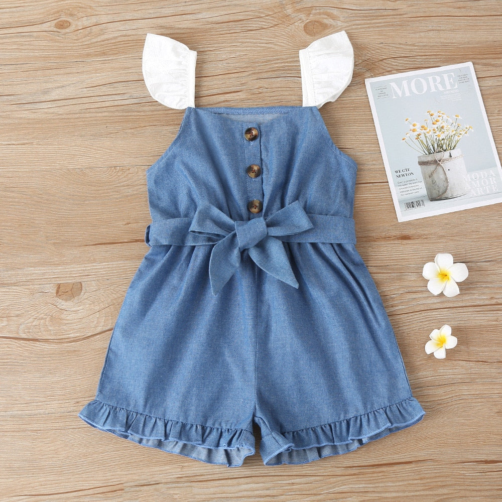 Summer Girls Playsuit with Ruffle Belted Overalls for Kids