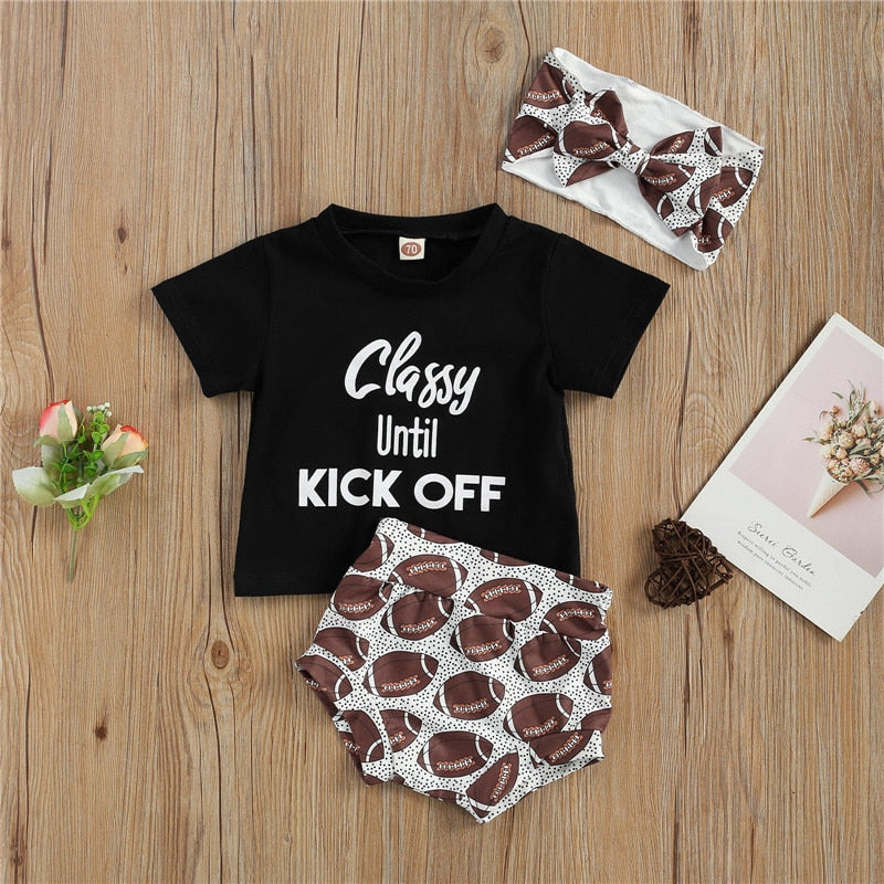 Newborn Baby Girls Clothes Set Summer Toddler Kids Short Sleeve Letter Print Tops+Print Shorts+Headband Infant Clothing Outfits
