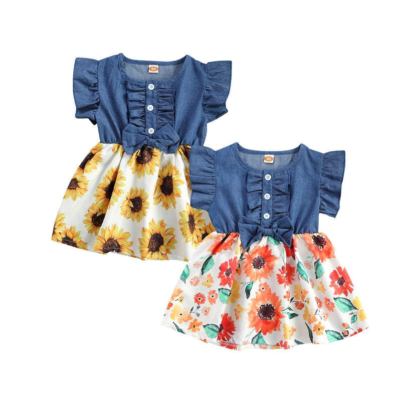 Adorable Denim and Floral Patchwork Baby Girl Summer Dress