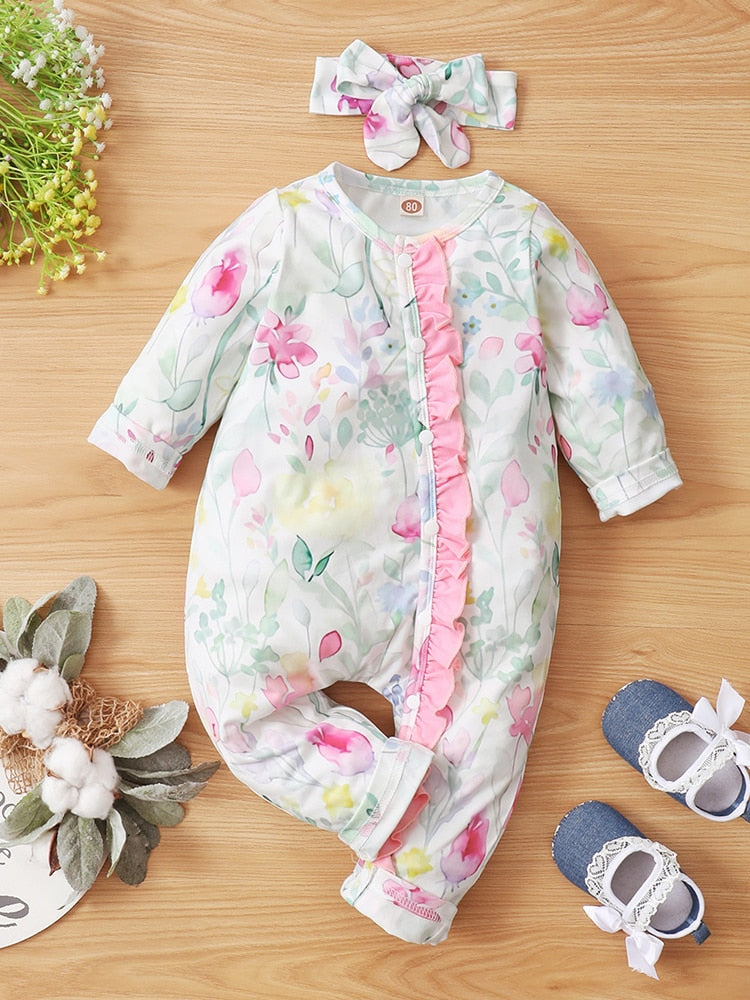 Lovely Springtime Rompers for Baby Girls: White Floral Ruffle Jumpsuit for Toddlers