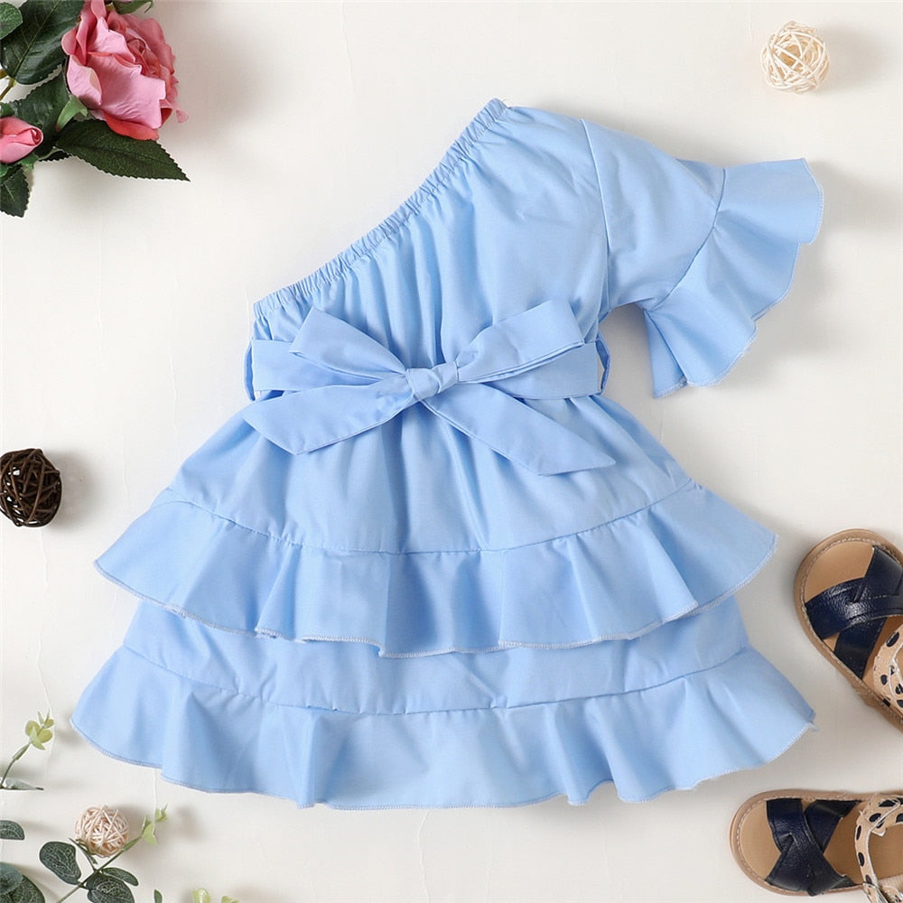 Charming One Shoulder Flare Sleeve Layers Dress for Your Little Princess - Perfect for Birthdays and Special Occasions