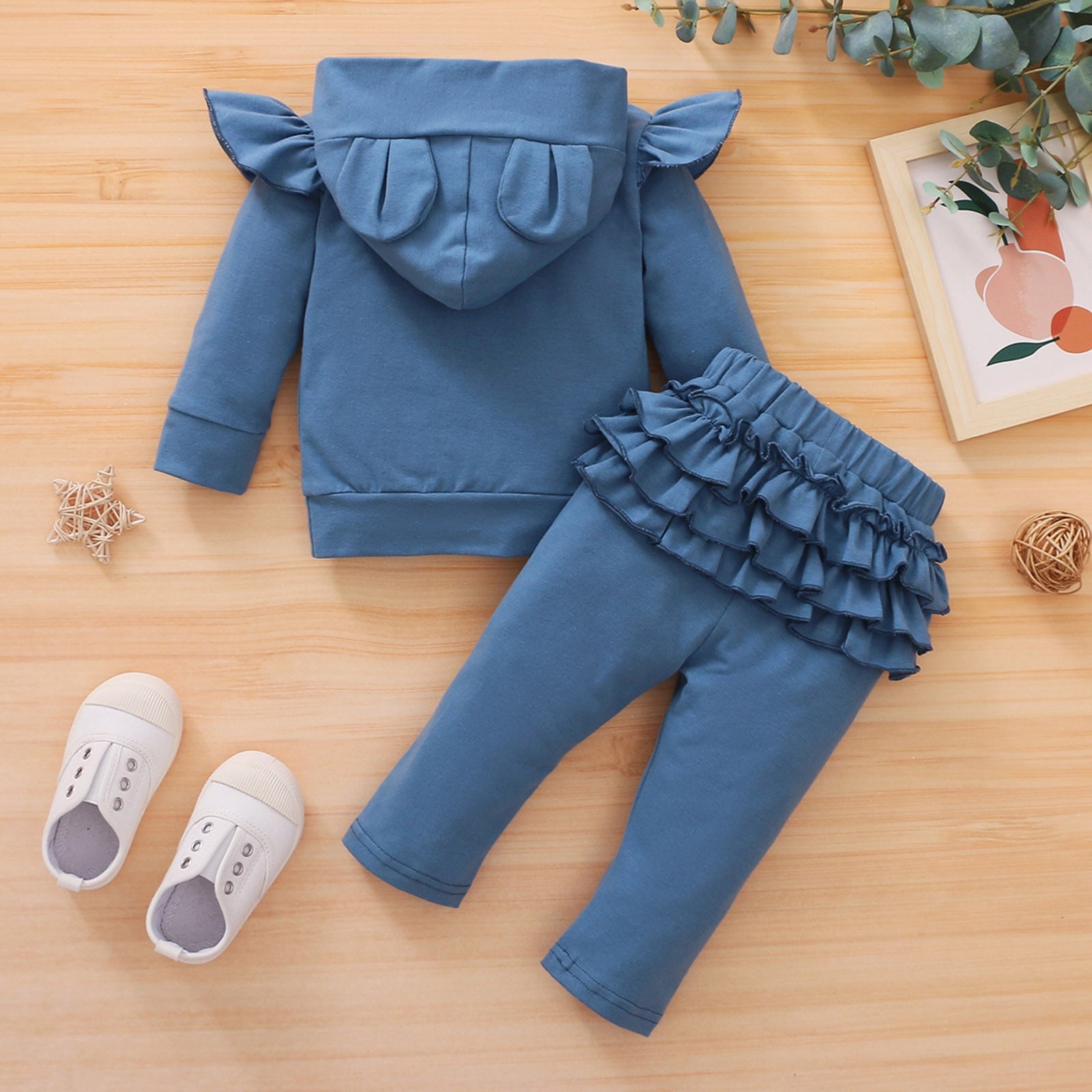 Adorable Baby Girls Spring Clothing Sets with Bear Ear Hooded Tops and Ruffles Trimmed Pants