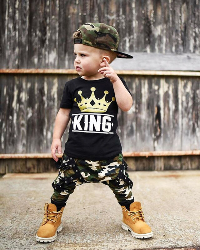 Trendy Summer Clothes for Newborn Toddler Baby Boys: Letter Print Top and Camo Long Pants Set