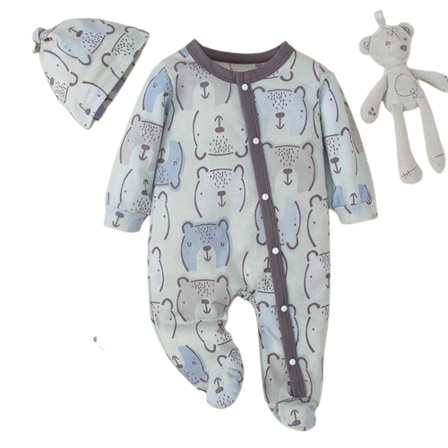 Cartoon Bear Baby Romper and Hat Set for Newborn