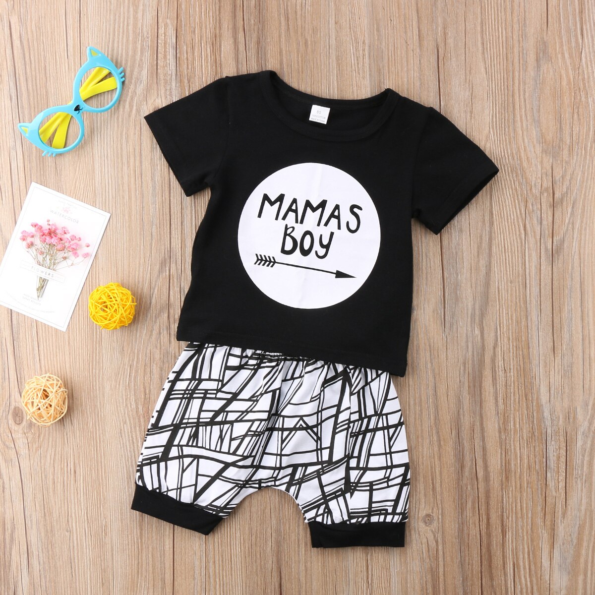 Trendy Newborn Baby Boys Clothes Set with Black Letter Print T-shirt and White Striped Pants Leggings