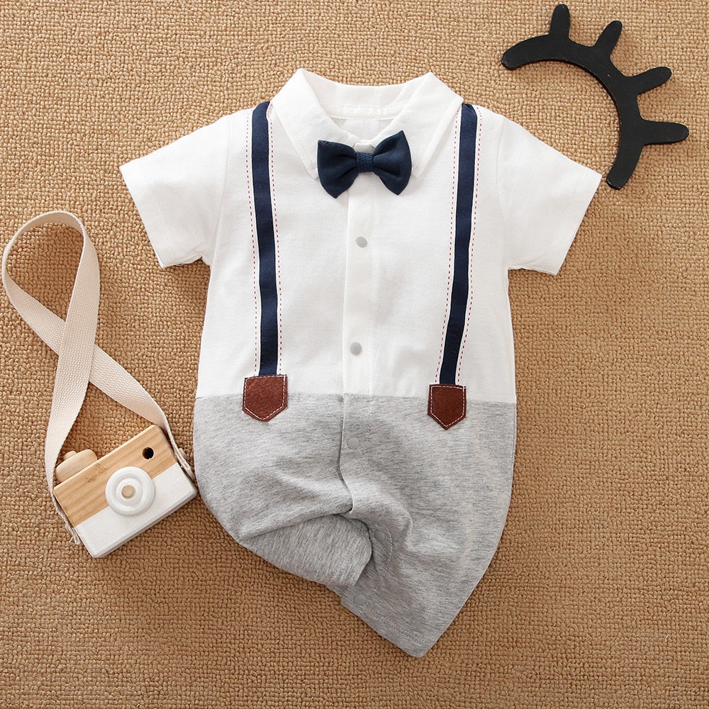 Charming Plaid Gentleman Baby Boy Romper with Necktie and Overalls
