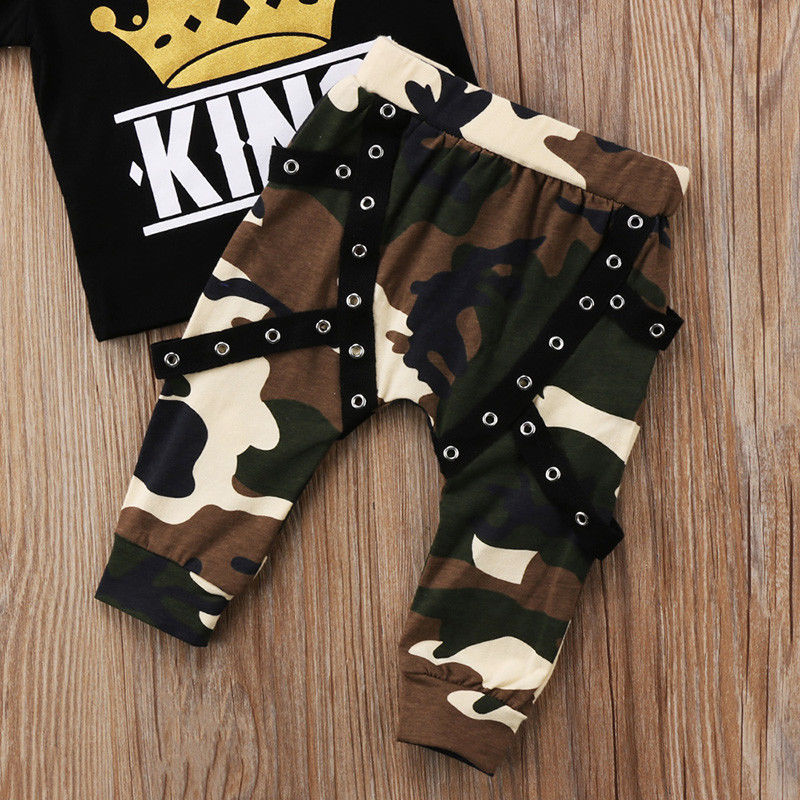 Trendy Summer Clothes for Newborn Toddler Baby Boys: Letter Print Top and Camo Long Pants Set