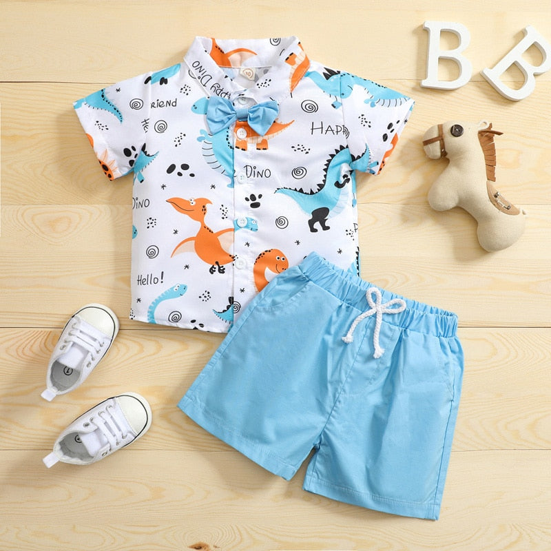 Stylish Summer Baby Boys Clothing Set - Short Sleeve Dinosaur Button-Down Collar Blouse and Drawstring Shorts