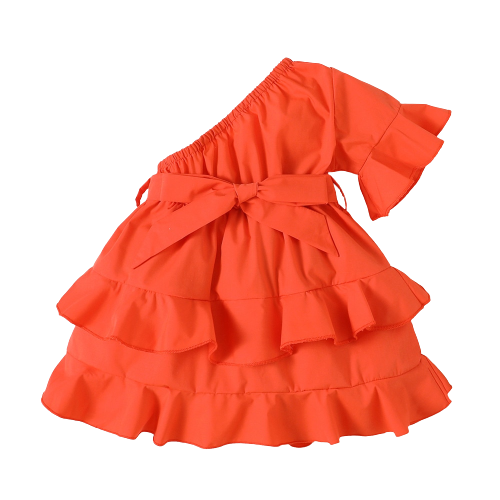 Charming One Shoulder Flare Sleeve Layers Dress for Your Little Princess - Perfect for Birthdays and Special Occasions