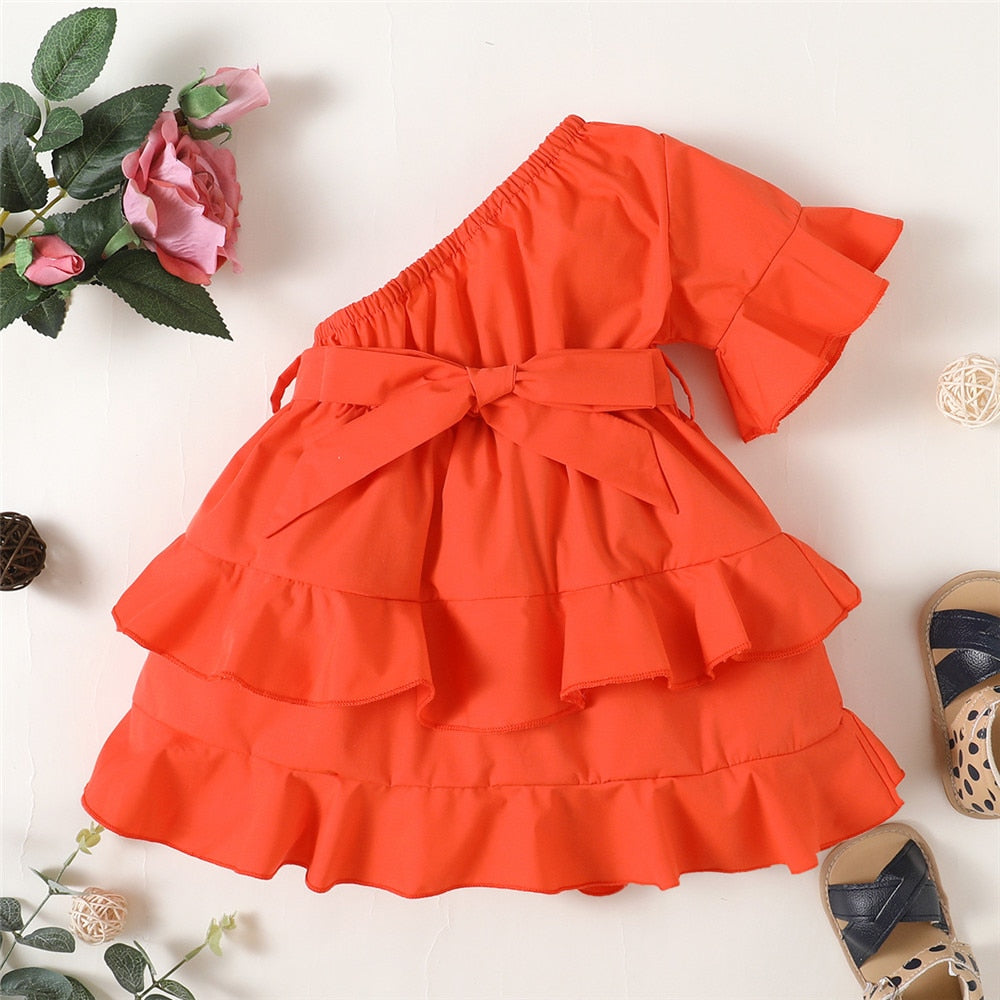 Charming One Shoulder Flare Sleeve Layers Dress for Your Little Princess - Perfect for Birthdays and Special Occasions