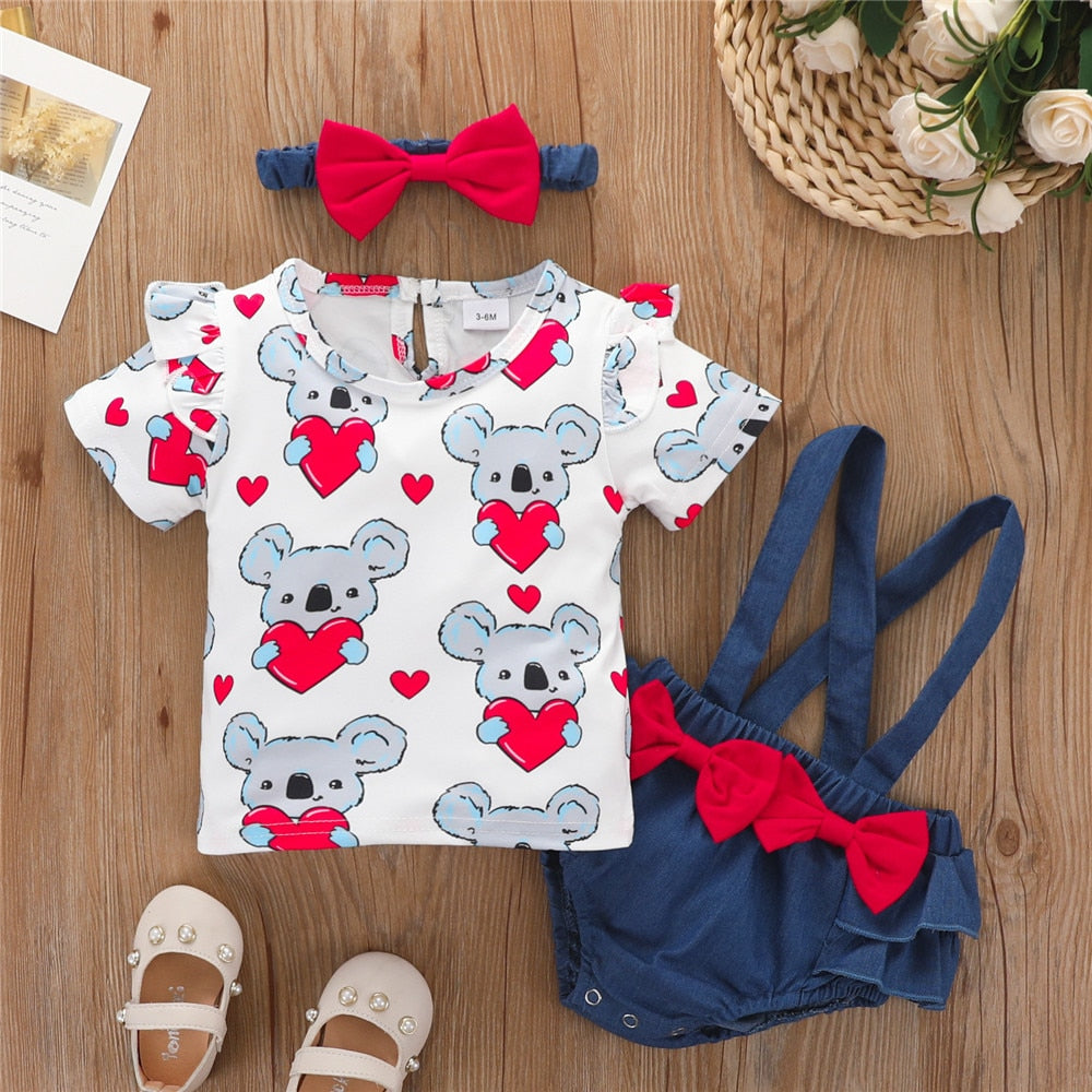 Cute Newborn Girls 3Pcs Clothing Set with Flying Sleeve Top, Koala Printed Overalls and Headband for Valentine's Day and Toddler Outfits