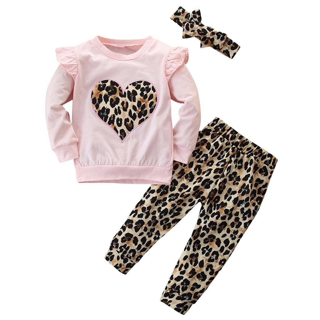 Toddler Baby Girls Clothing 3pcs Sets Heart Print Pullover + Leopard Pants + Headbands Sets Kids Outfits Autumn Clothes