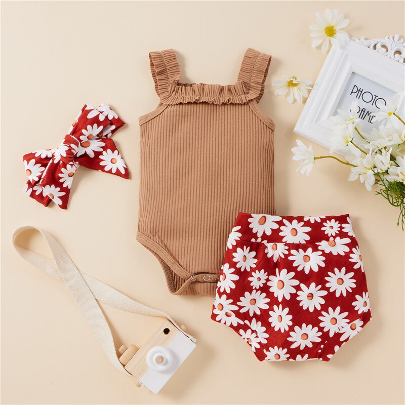 Solid Knitting Sleeveless Bodysuits Flower Shorts Headband 3Pcs Newborn Baby Girls Clothes Set