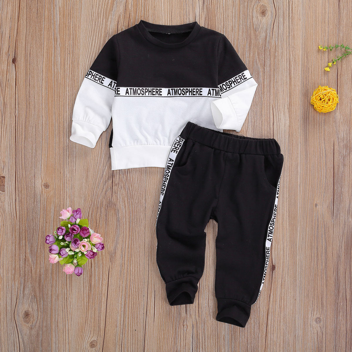 Toddler Kids Baby Boys Clothes Set Long-sleeved Letter Personality Round Neck Hoodies and Solid Color Elastic Long Pants - Babbez
