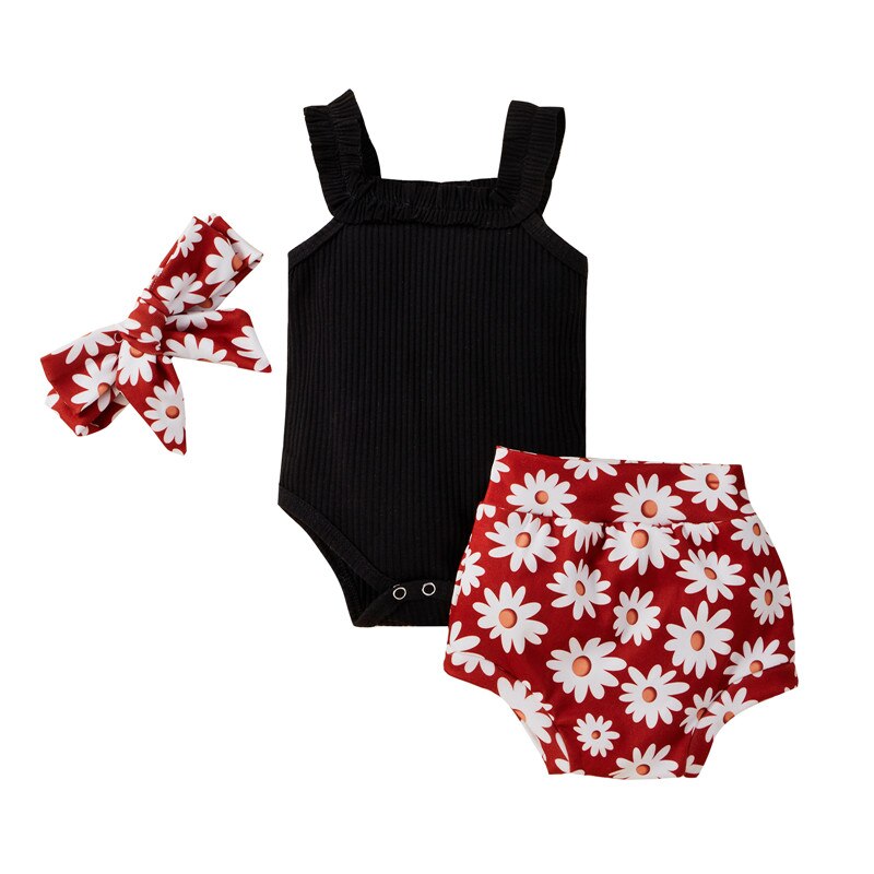 Solid Knitting Sleeveless Bodysuits Flower Shorts Headband 3Pcs Newborn Baby Girls Clothes Set