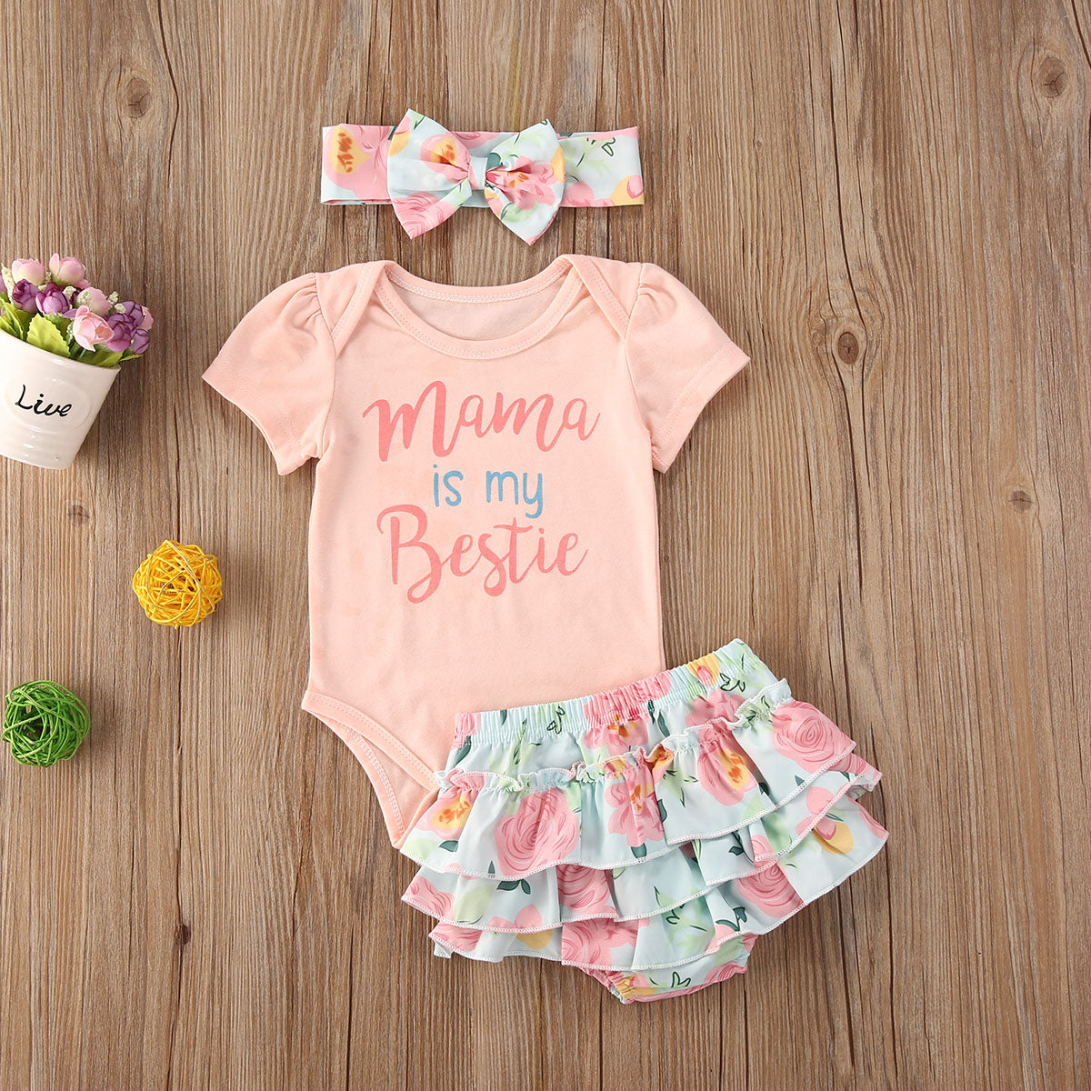 Adorable Summer Outfit for Baby Boys and Girls - 3-Piece Set with Letter Print T-shirt, Floral Shorts, and Headband