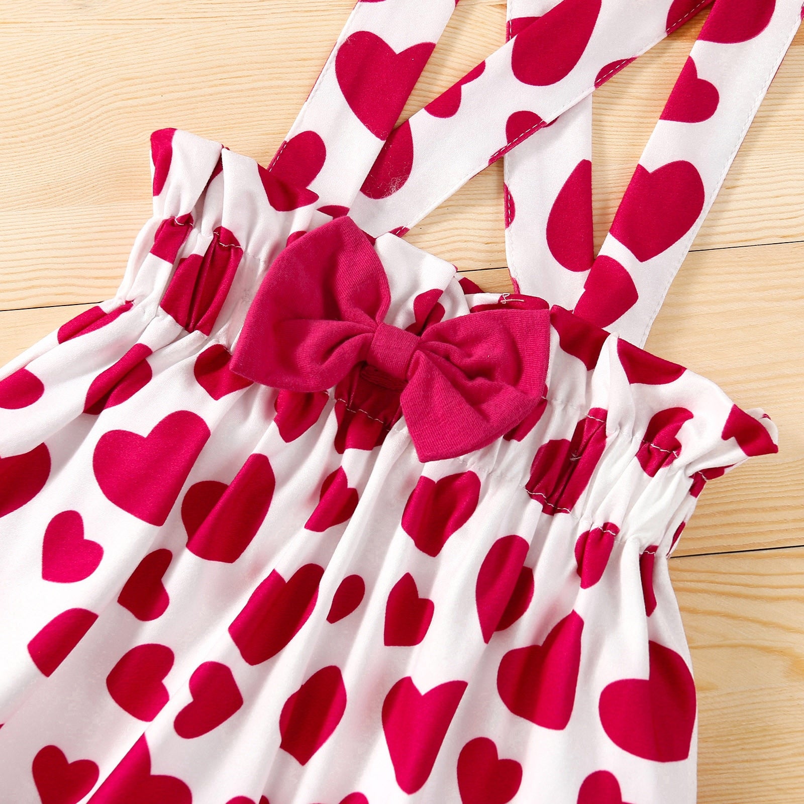 Adorable 3-Piece Infant Baby Girls Clothing Set with Heart Print Bodysuit, Suspenders Skirt, and Headband