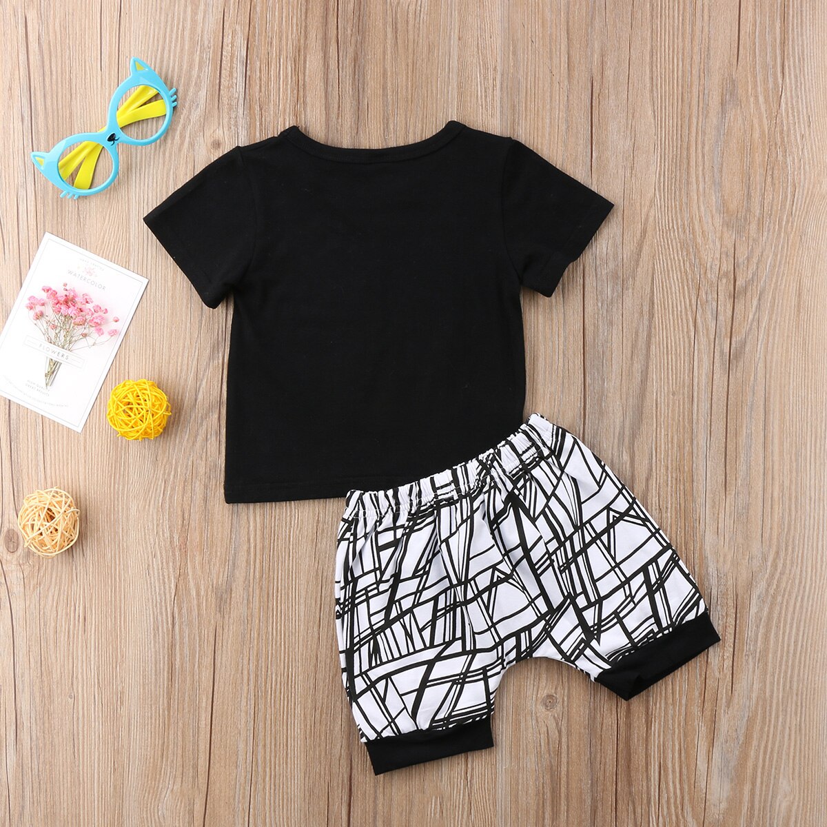 Trendy Newborn Baby Boys Clothes Set with Black Letter Print T-shirt and White Striped Pants Leggings