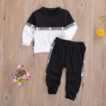 Toddler Kids Baby Boys Clothes Set Long-sleeved Letter Personality Round Neck Hoodies and Solid Color Elastic Long Pants - Babbez