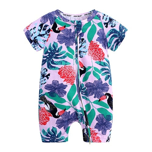 Toddler Blue Short Sleeve Romper with Fun Print and Convenient Zipper