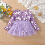 Baby Girl Long Sleeve Daisy Print Tulle Romper Dress with Ruffles - Babbez