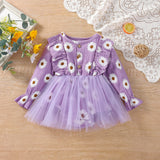 Baby Girl Long Sleeve Daisy Print Tulle Romper Dress with Ruffles - Babbez