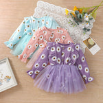 Baby Girl Long Sleeve Daisy Print Tulle Romper Dress with Ruffles - Babbez