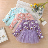 Baby Girl Long Sleeve Daisy Print Tulle Romper Dress with Ruffles - Babbez