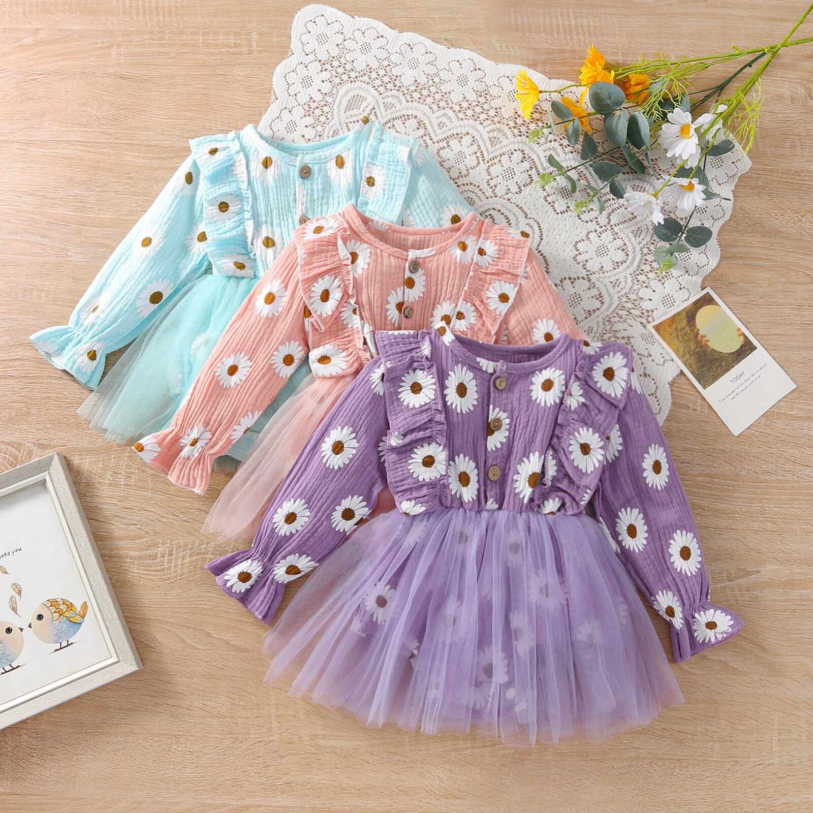 Baby Girl Long Sleeve Daisy Print Tulle Romper Dress with Ruffles - Babbez