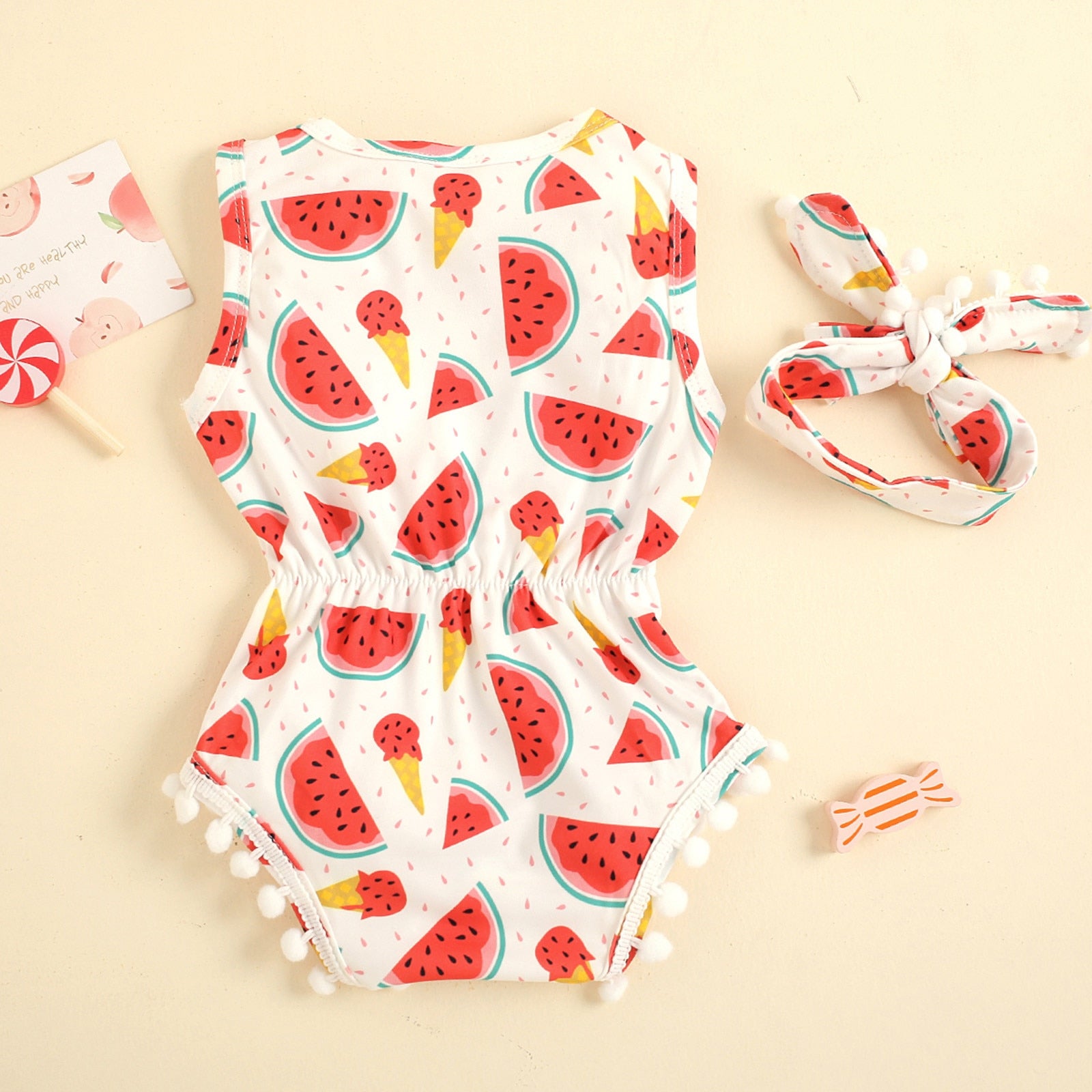 Watermelon Printed Newborn Baby Girl Bodysuit and Headband Set