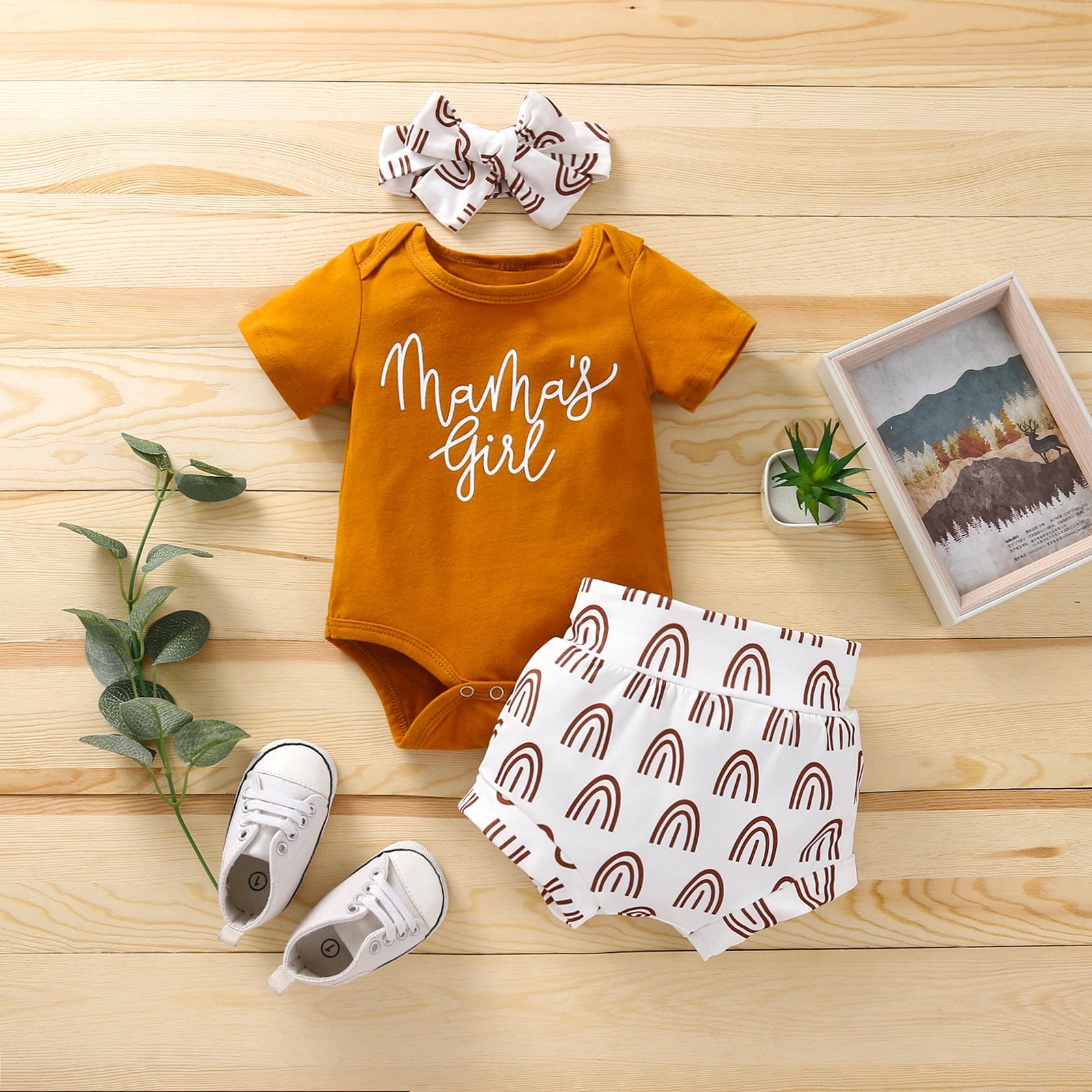 Cute Short Sleeve Baby Bodysuit with Letters Print and Headband Set