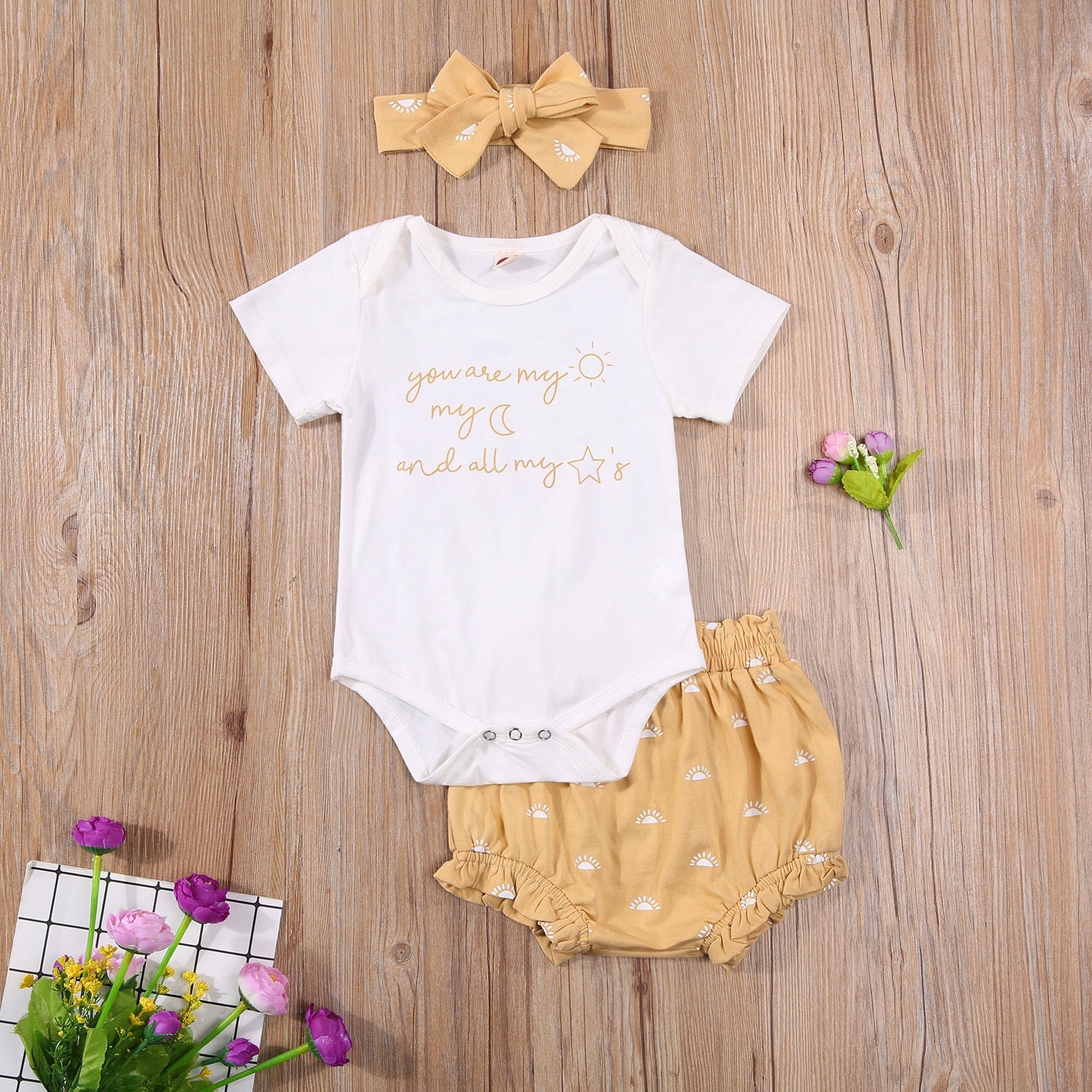 Baby Boys Girls Summer 3pcs Outfits Sets Short Sleeve Letter Print T-shirts+Floral High Waist Shorts+Headband Soft Outfits