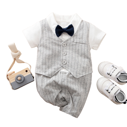 Adorable Gentleman Style Baby Boy Rompers with Plaid Necktie and Overalls
