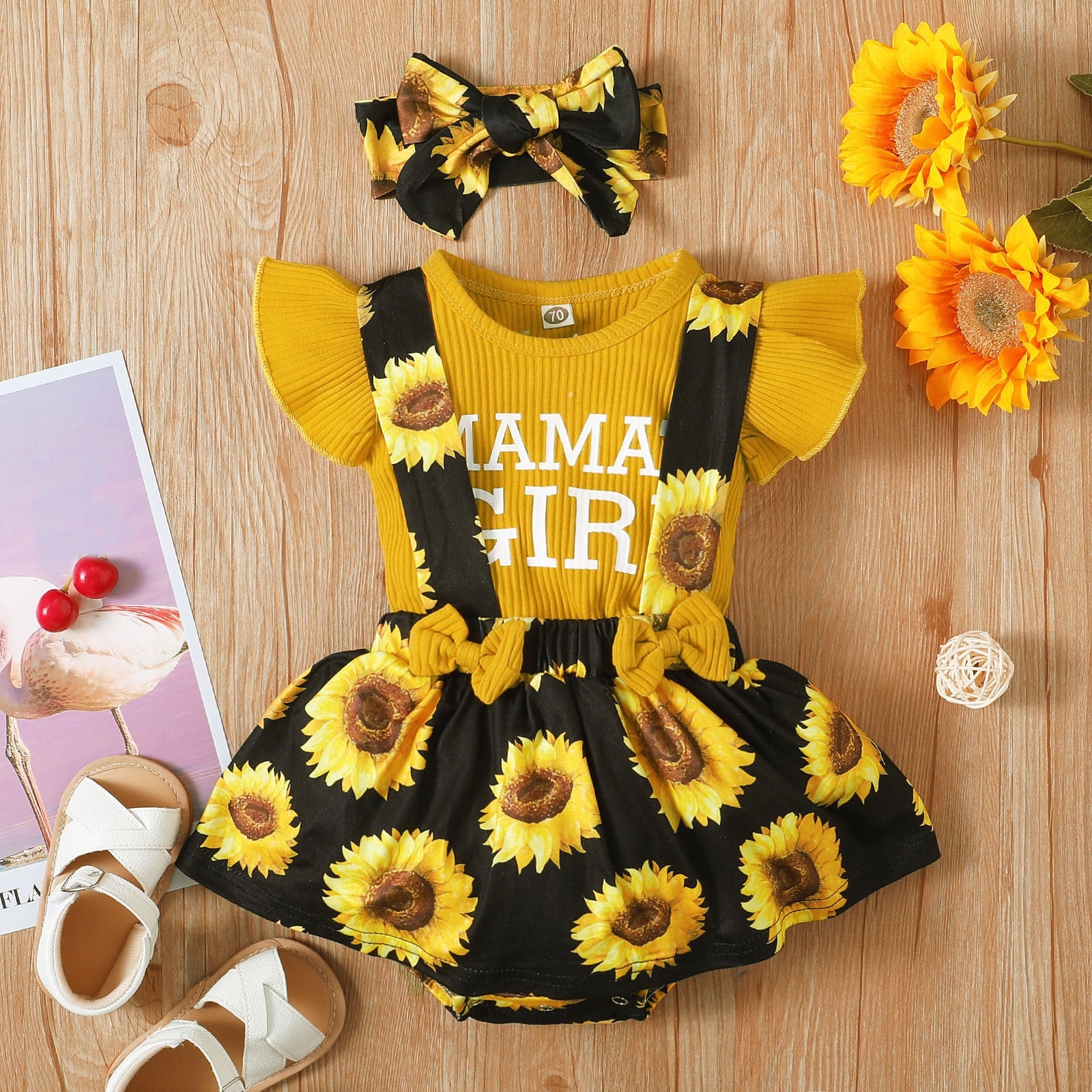 Adorable Newborn Baby Girls Clothes Set with Letter Print Ribbed Tops and Sunflower Suspender Skirts