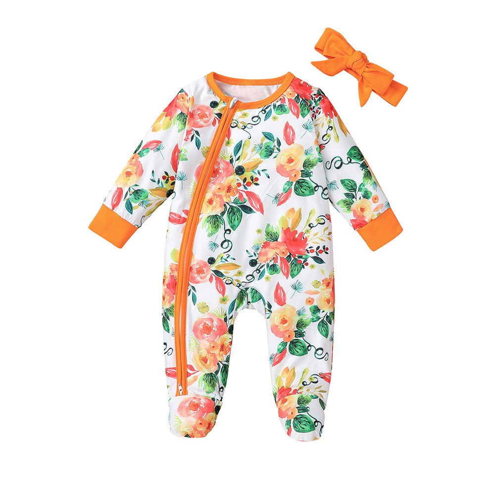 Orange Floral Baby Girls Footies - Zipped Jumpsuit for Newborns and Toddlers