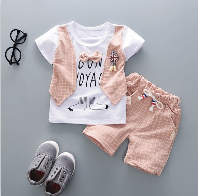 Cute Cartoon Lattice Tie Baby Boy Clothing Set for Summer