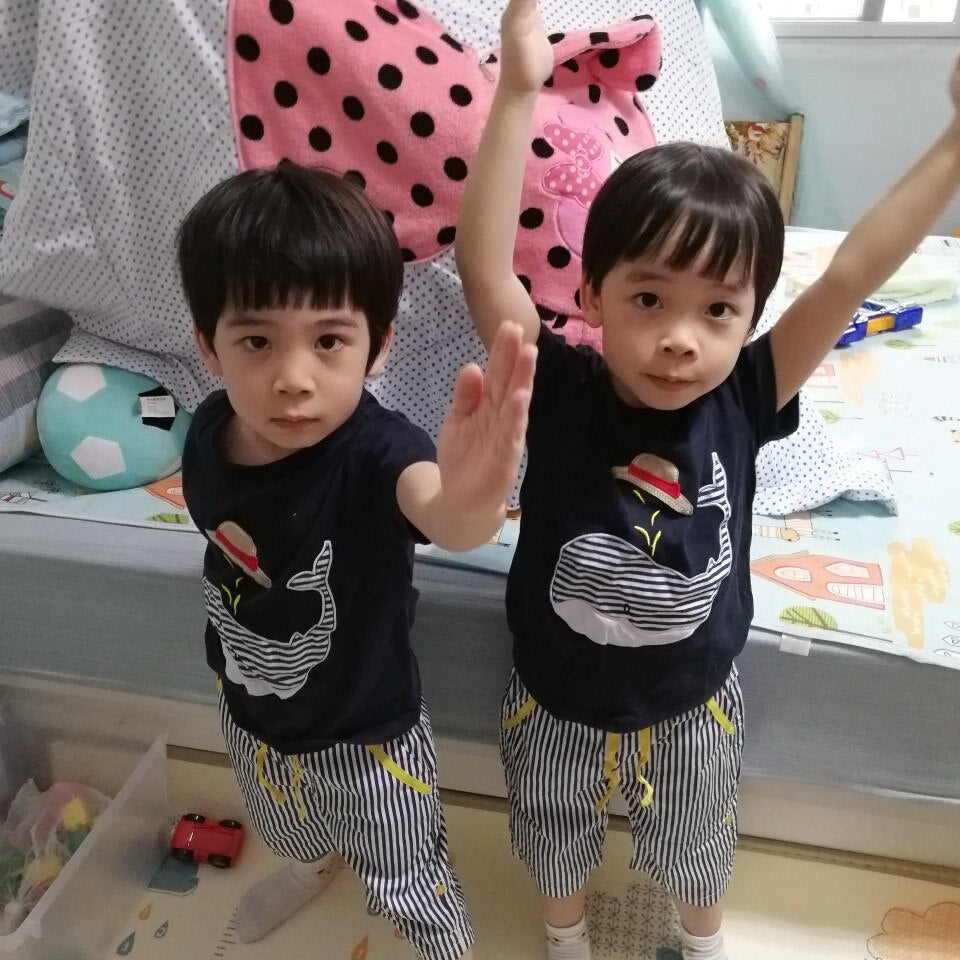 Cartoon Whale Fish Print T-Shirt and Striped Shorts Drawstring Handsome 2 Piece Kids Boy Casual Sets