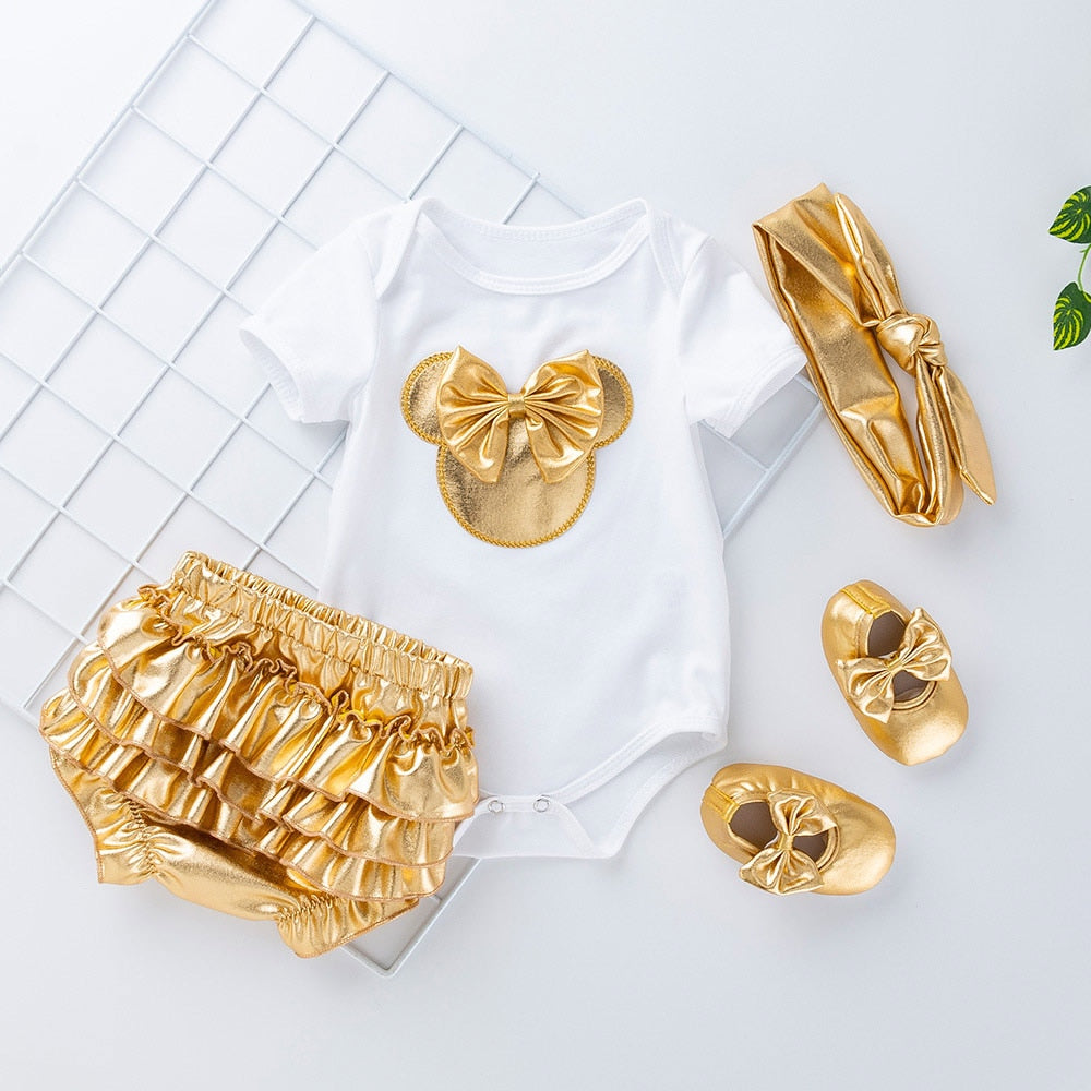 Charming Newborn Baby Girl Sets - White Cotton Rompers with Golden Ruf