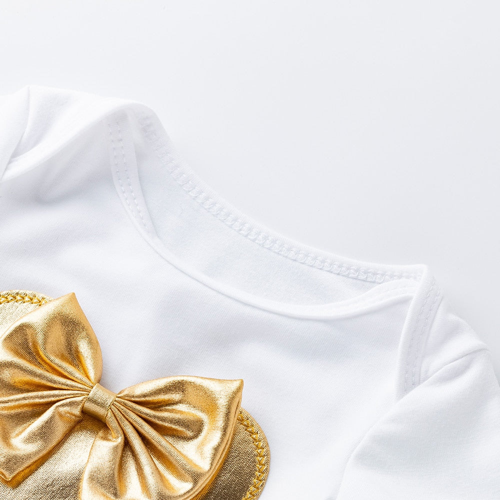 Charming Newborn Baby Girl Sets - White Cotton Rompers with Golden Ruffles and Tutu Skirts